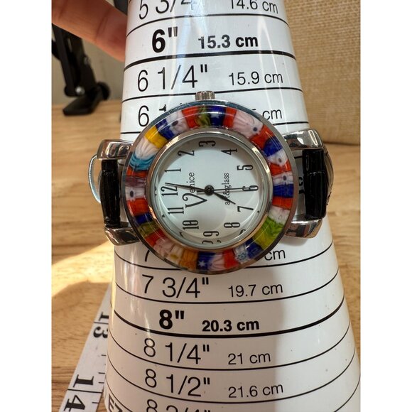 Venice Art Glass Watch With Multicolor Bezel & Black Leather Strap NOT TESTED - Picture 5 of 13